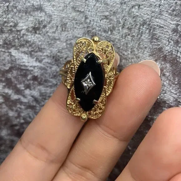 Vintage onyx solid 14kt real gold - Picture 3 of 11